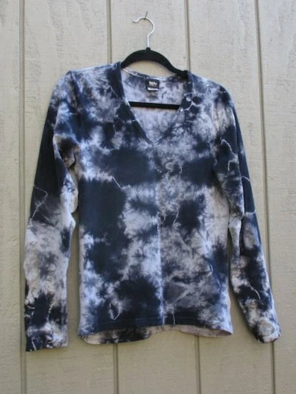 Vtg 90s Mossimo Tie Dye V Neck Long Sleeve Stretchy Top Navy Grey Shibori M/L